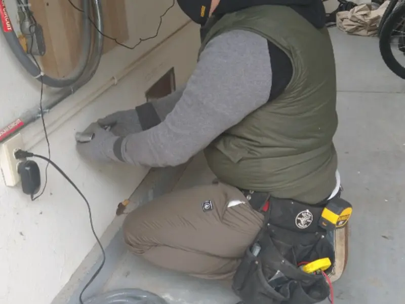 Electrician performing outlet wiring in a Florence-Graham garage